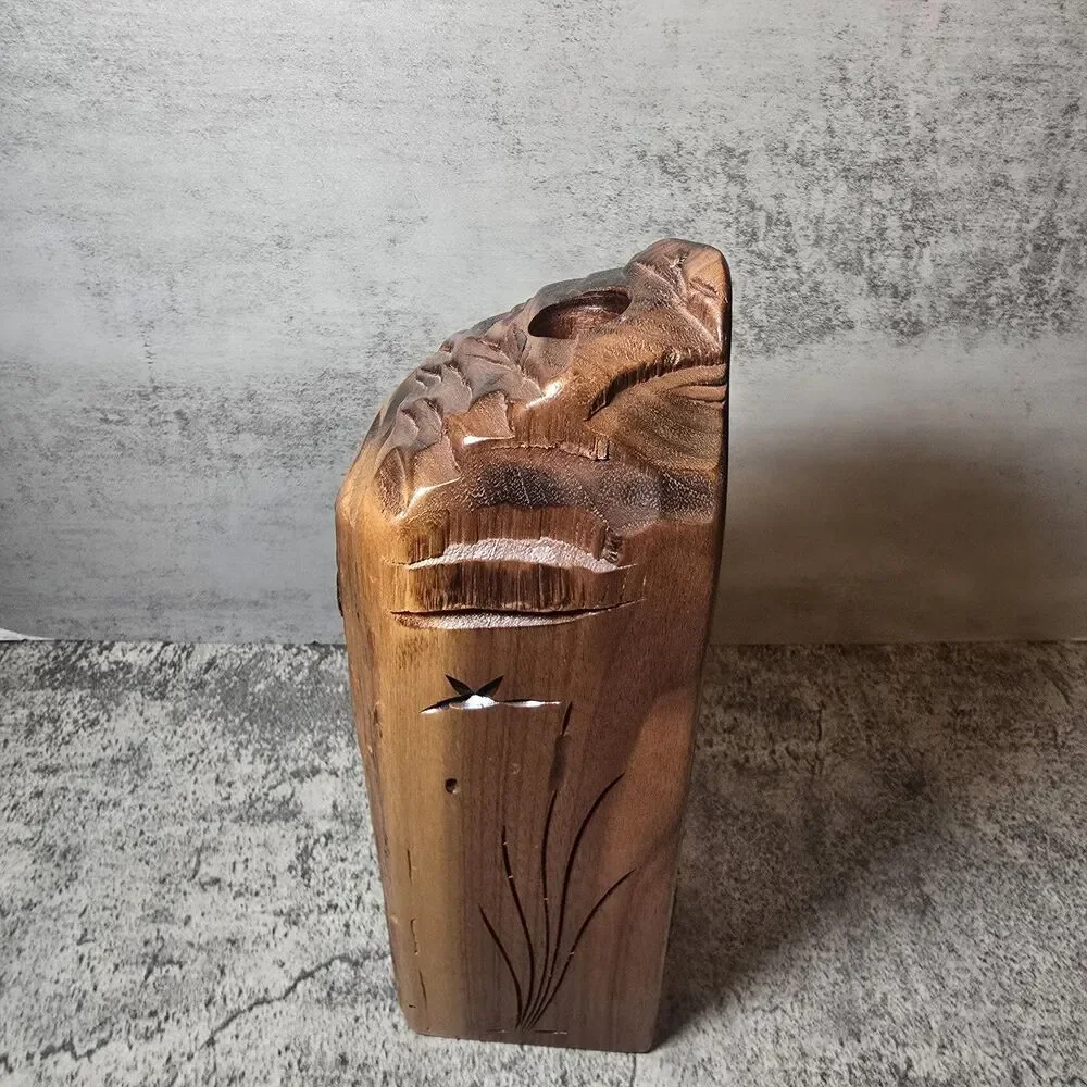 VTG MCM Walnut Rustic Wood Burl Bud Vase Handcrafted Turned Bird & Cattails